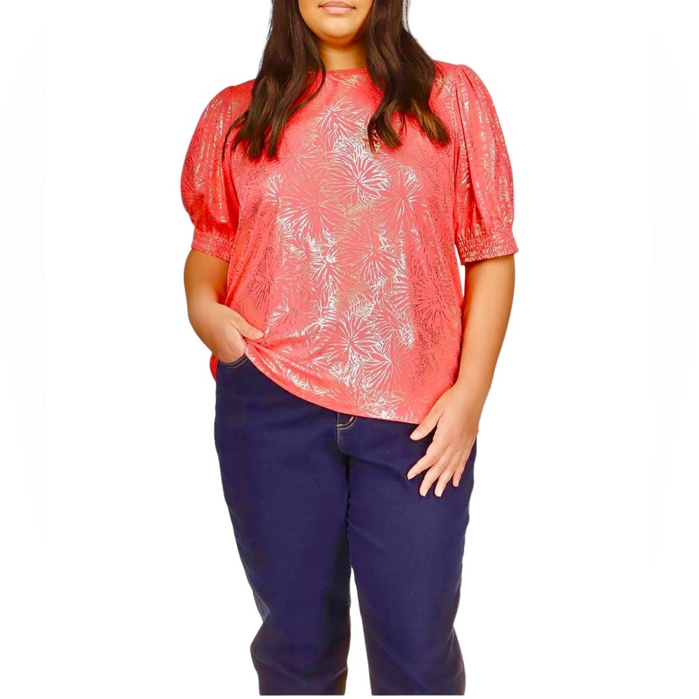 NWT- MICHAEL KORS Plus Size Sangria Foil Puff Sleeve Baby Top - 3X